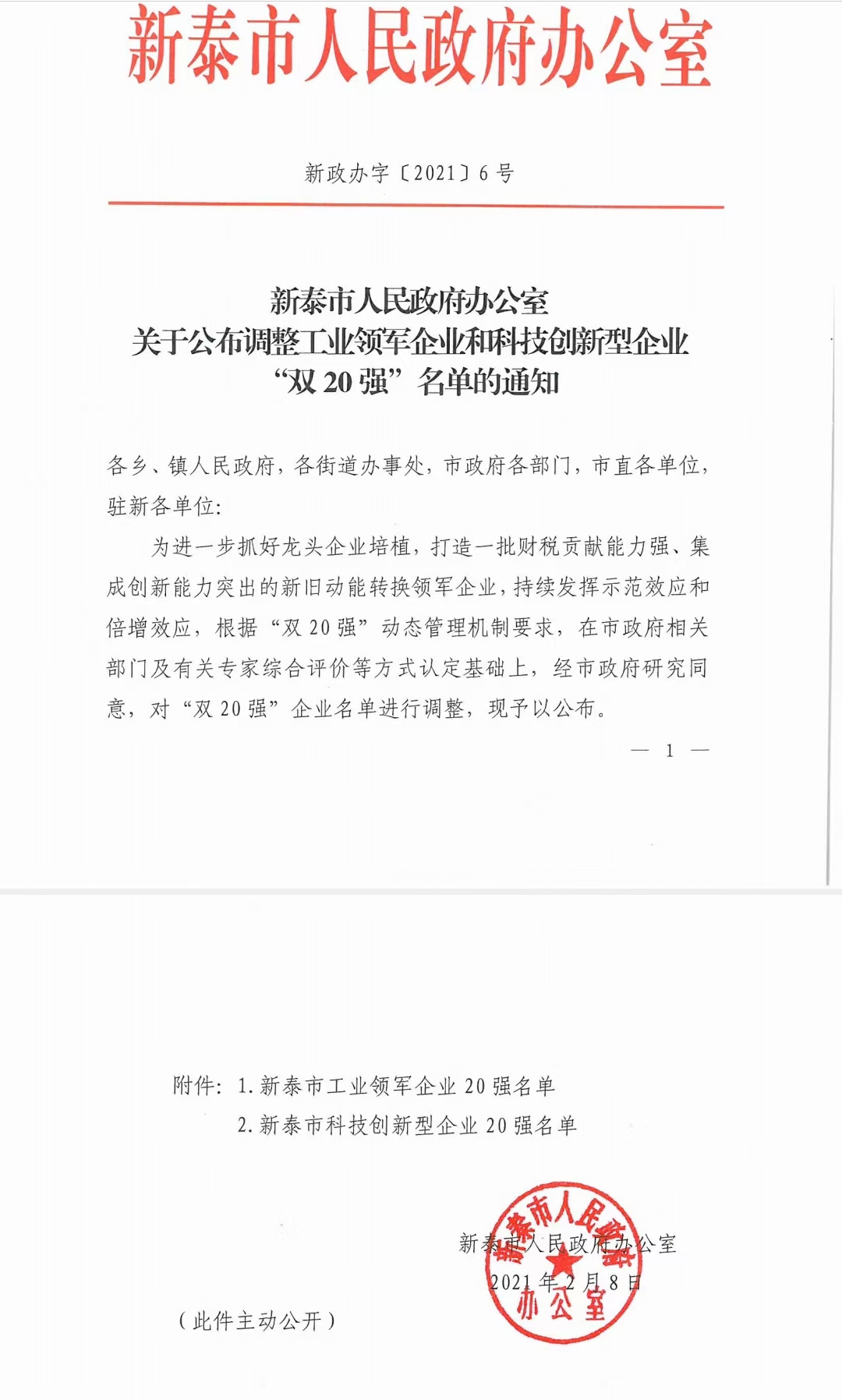喜訊！公司榮獲“新泰市科技型創新企業20強”榮譽稱號(圖1)